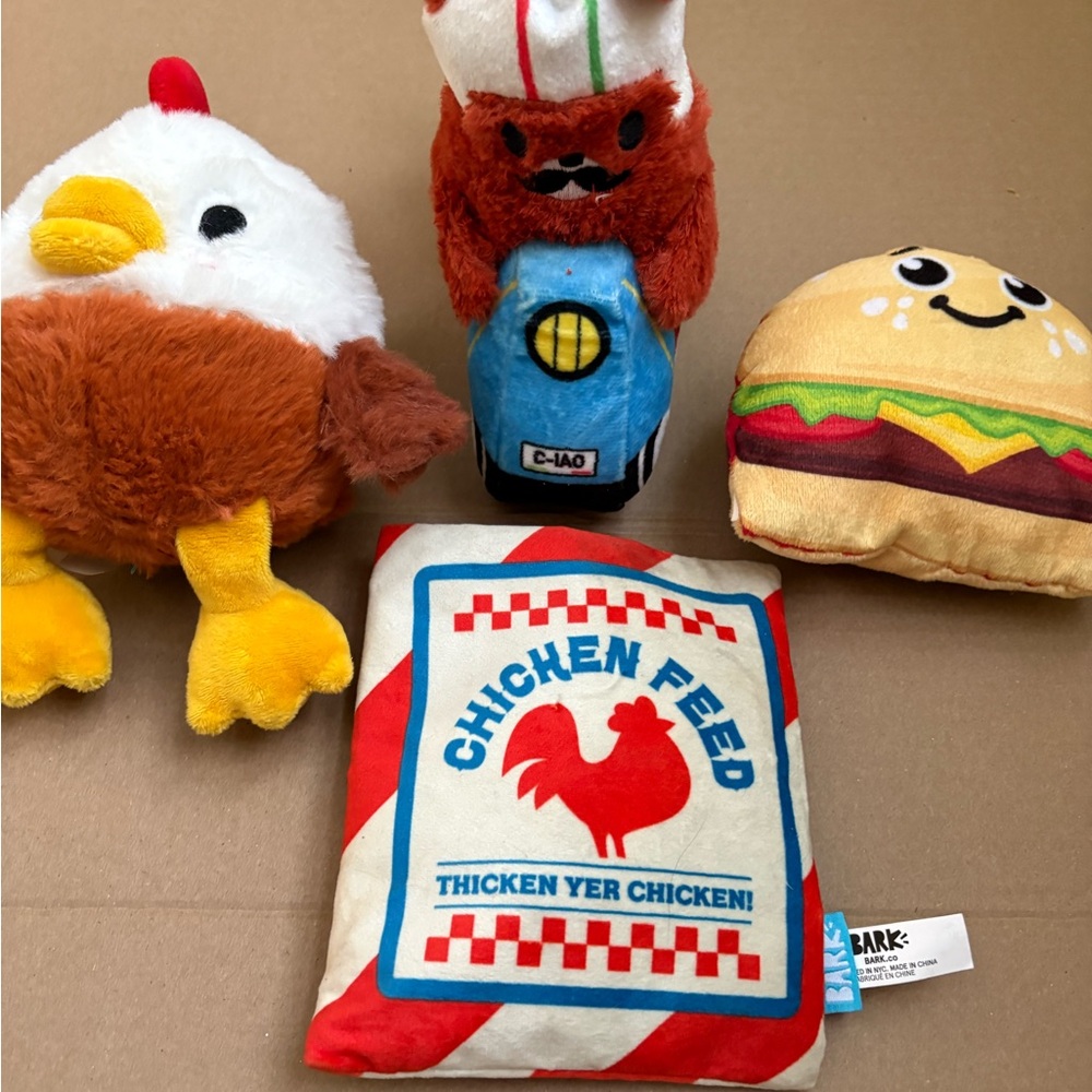 Bark Colorful Plush  Dog Toy Set - Chicken, Burger, and Chef Bear